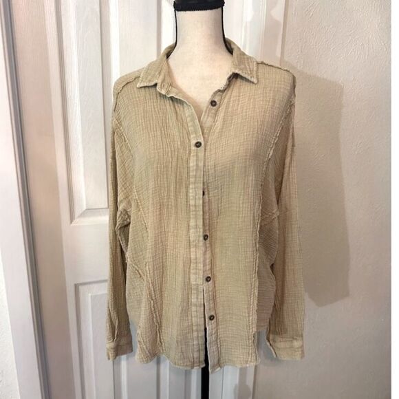 easel Tops - Easel Collared Cotton Long Sleeve Button Up Shirts Tan Size Small cover up